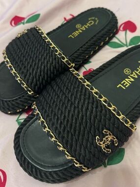 CHANEL Black Rope Slide Sandals with Gold Chain Accents